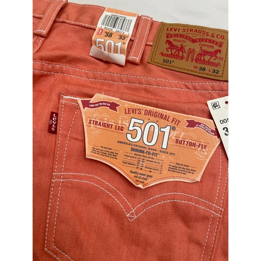 NEW Levis 501 Jeans Mens 38x32 Orange Coral Raw Denim Button Fly Shrink to Fit